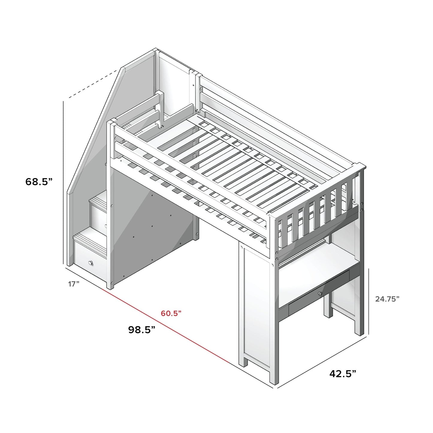 Ambire - Twin High Loft Bed With Staircase And Desk