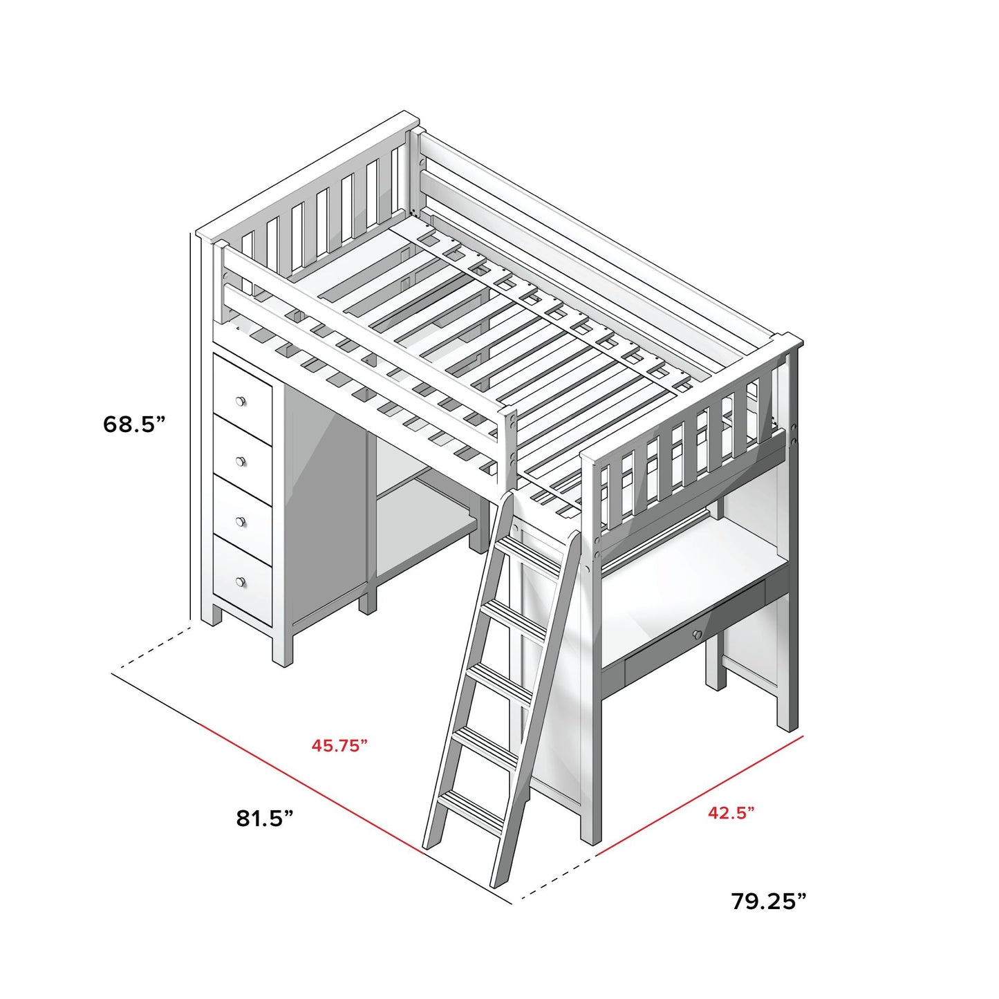 Ambire - High Loft Bed With Ladder, Desk And Storage