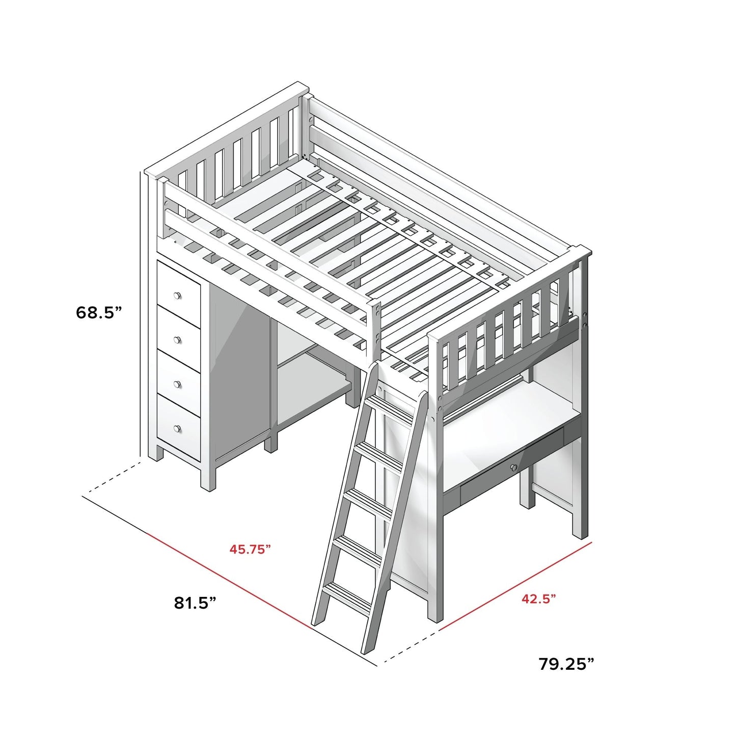 Ambire - High Loft Bed With Ladder, Desk And Storage
