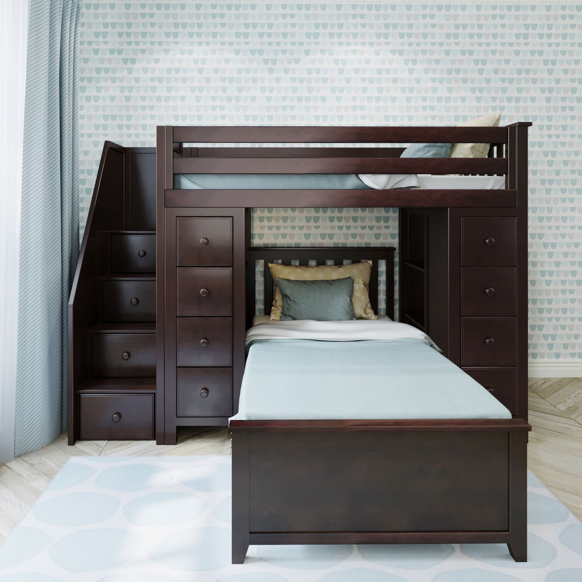 Ambire - Twin Over Twin L-Shaped Bunk Bed with Dual Storage Towers