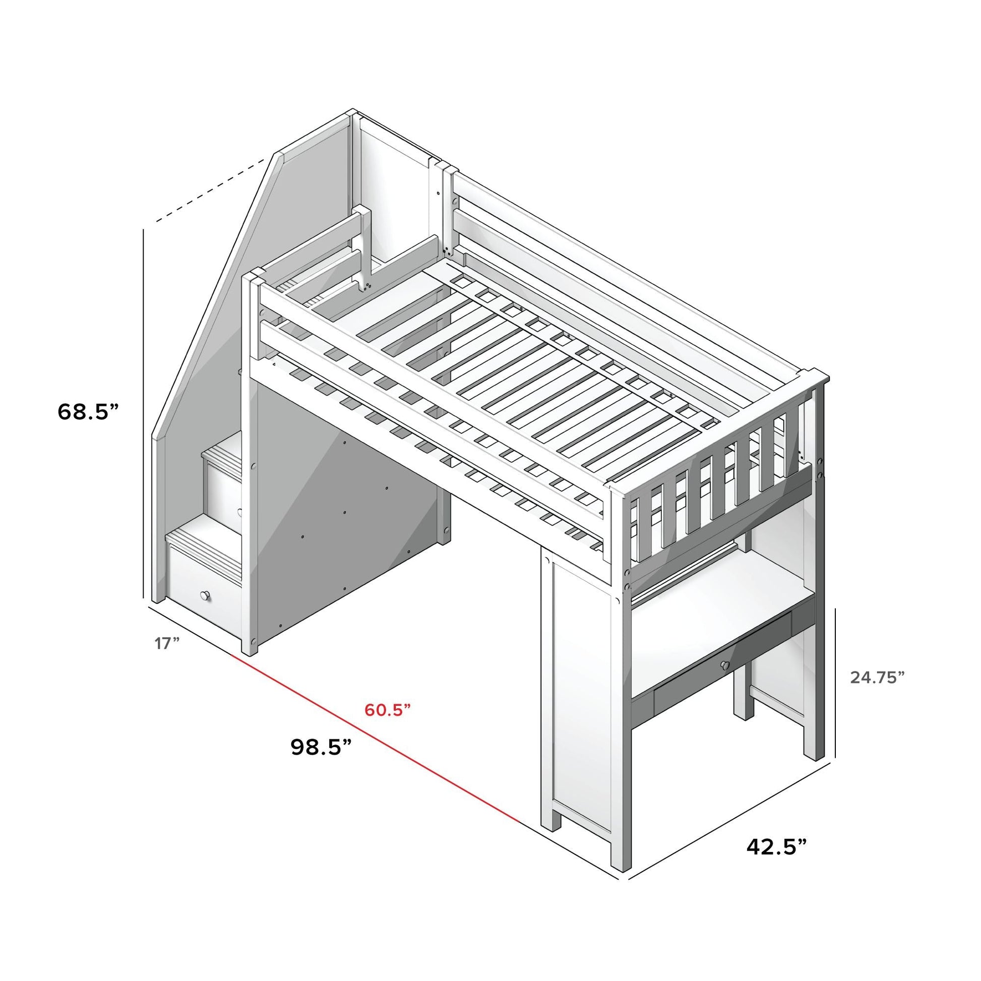 Ambire - Twin High Loft Bed With Staircase And Desk