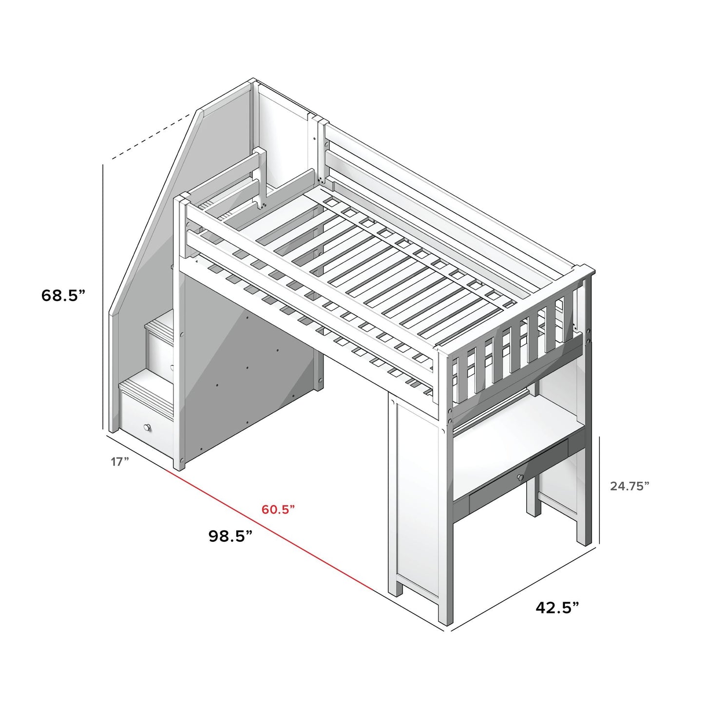 Ambire - Twin High Loft Bed With Staircase And Desk