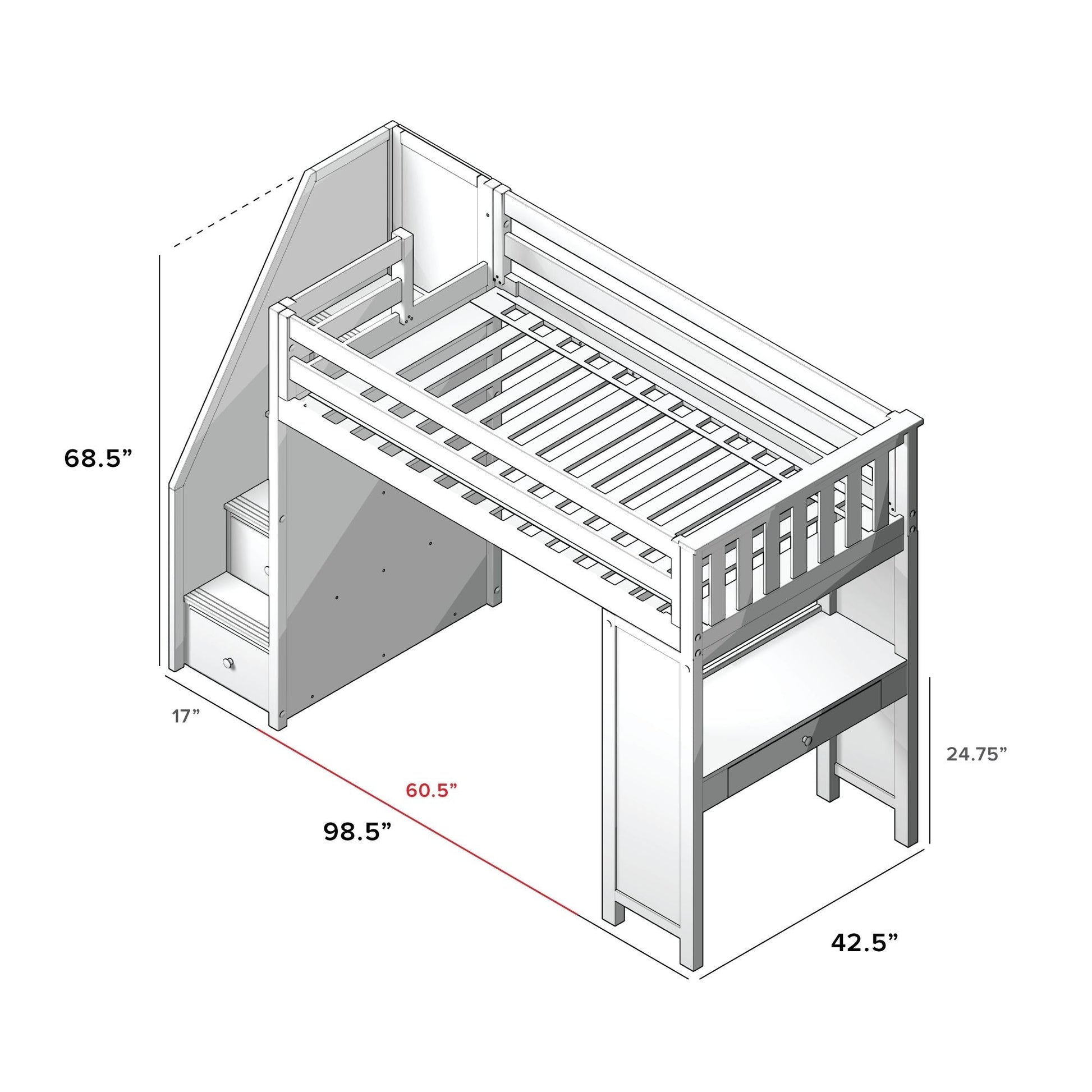 Ambire - Twin High Loft Bed With Staircase And Desk
