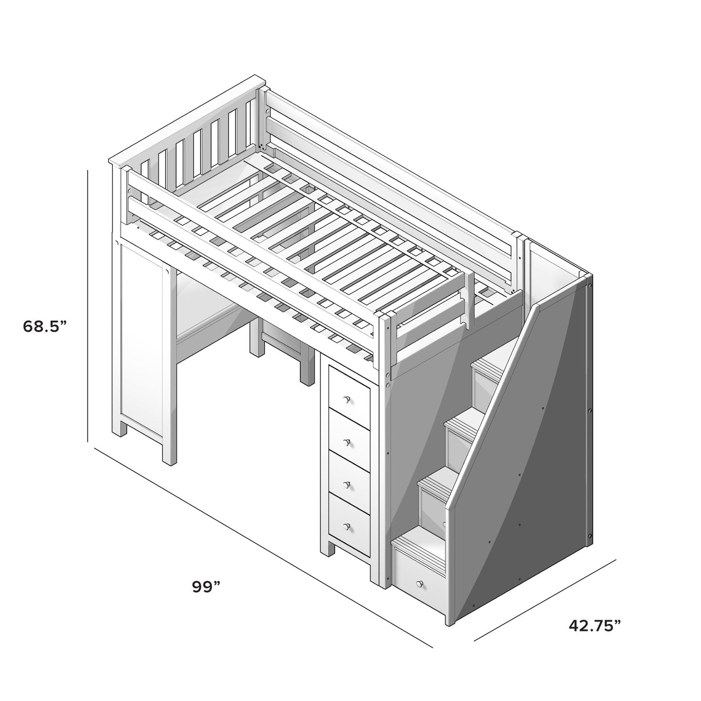 Ambire - High Loft Bed With Staircase, Desk And Storage